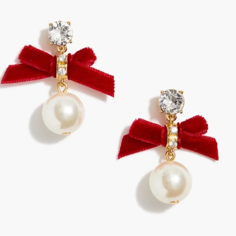 J. Crew Ruby Red and Gold Bow Pearl Drop Earrings